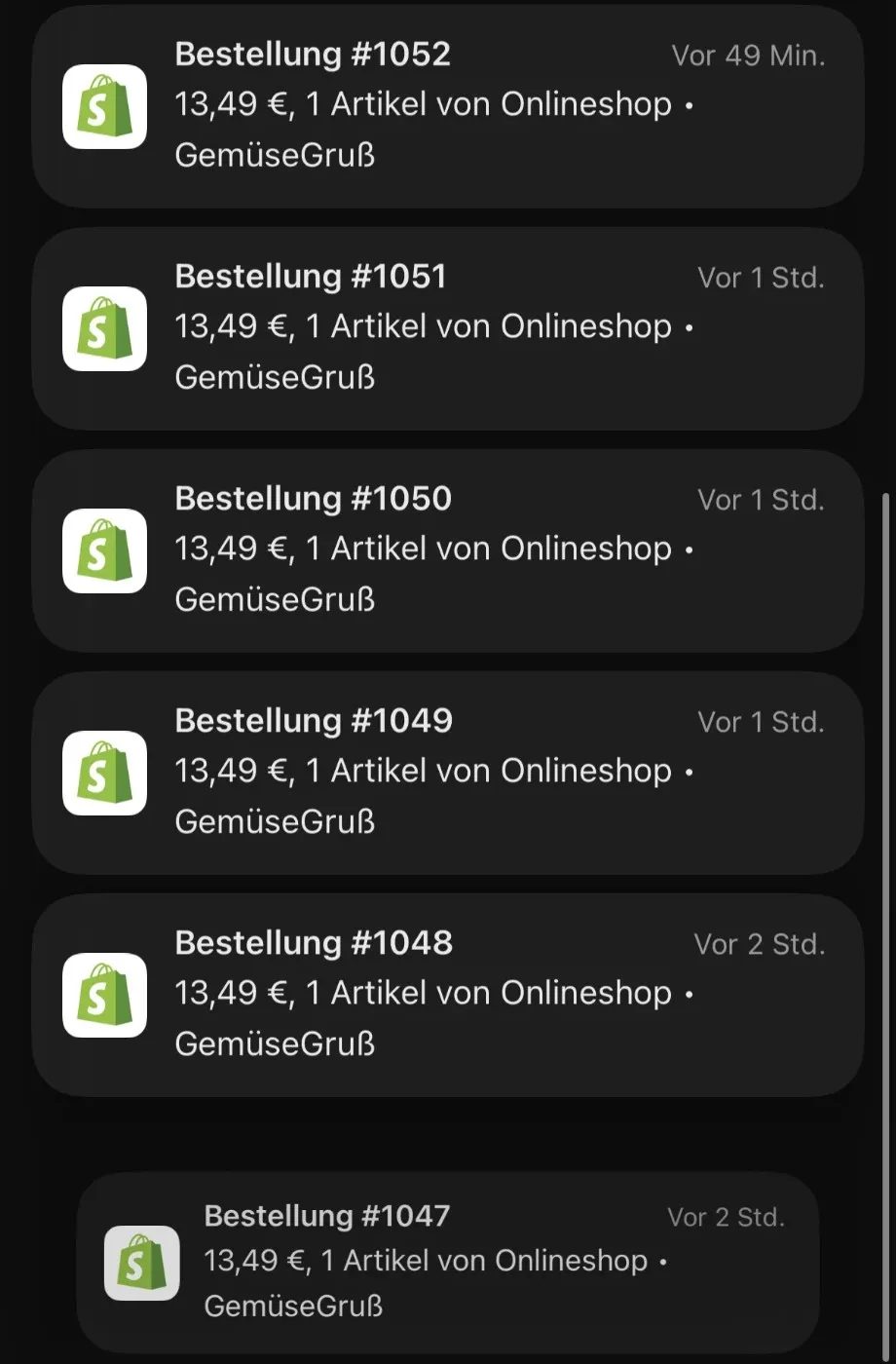 Sechs Shopify-Benachrichtigungen über neue Bestellungen zu je 13,49 € innerhalb von zwei Stunden