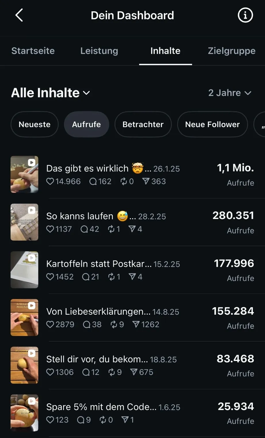 Instagram-Statistik: Reels mit 1,1 Mio., 280.351 und 177.996 Aufrufen