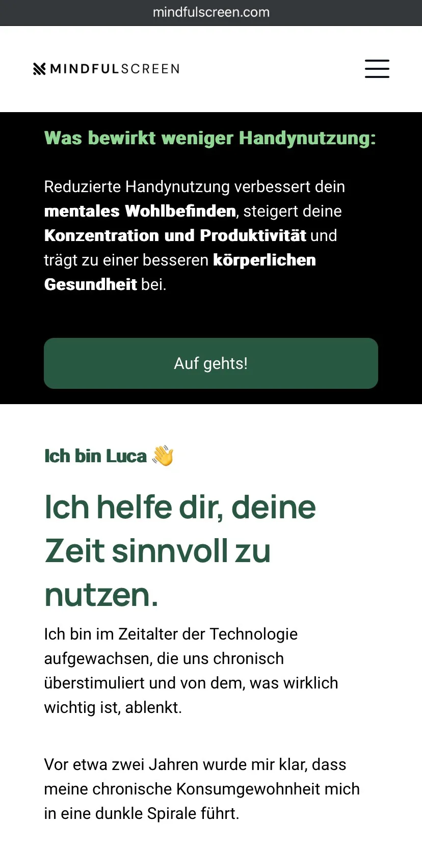 Website mindfulscreen.com auf dem Smartphone: „Ich bin Luca. Ich helfe dir, deine Zeit sinnvoll zu nutzen.“